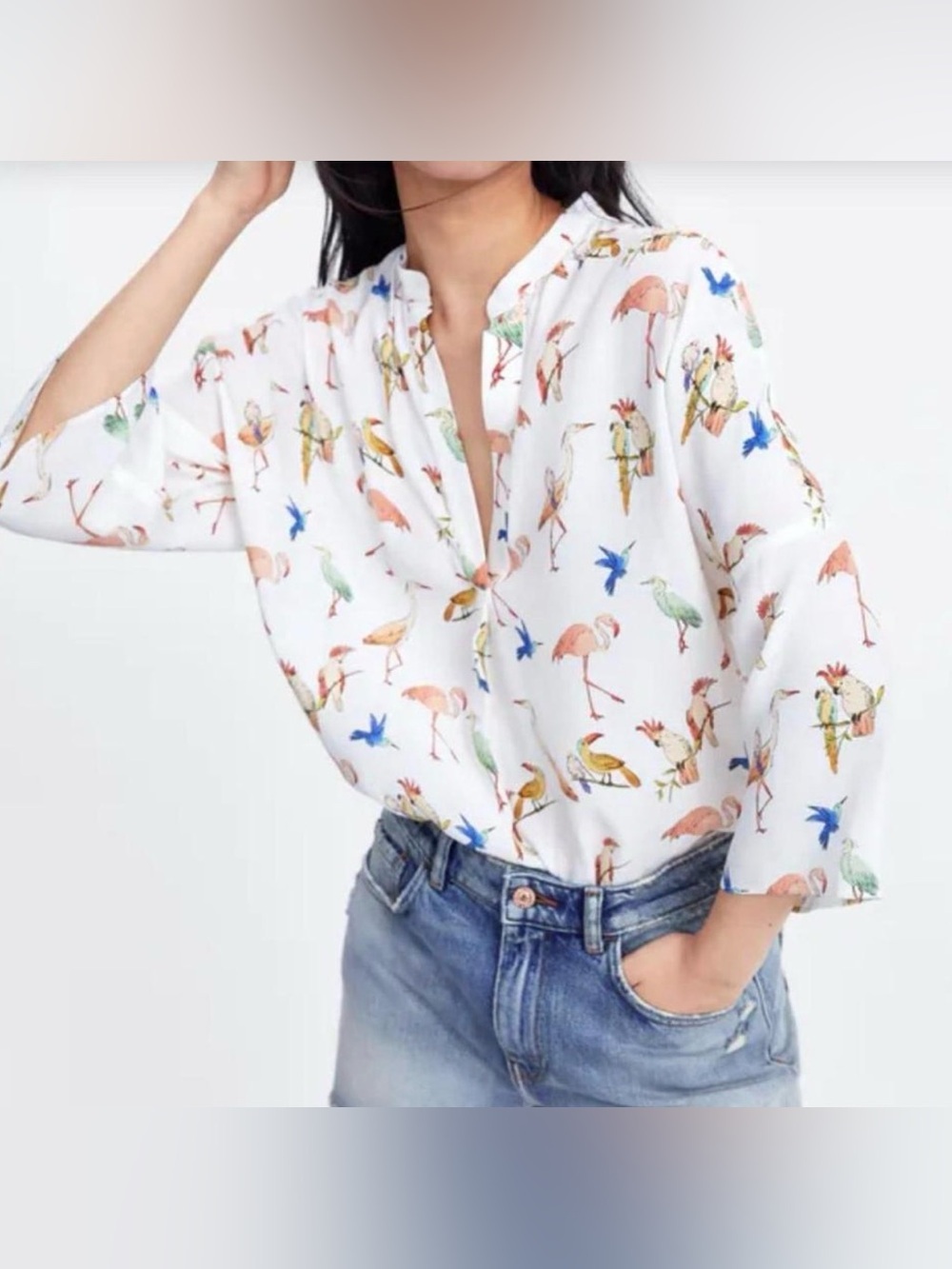 Zara White V-Neck Blouse with Multicolor Bird Print